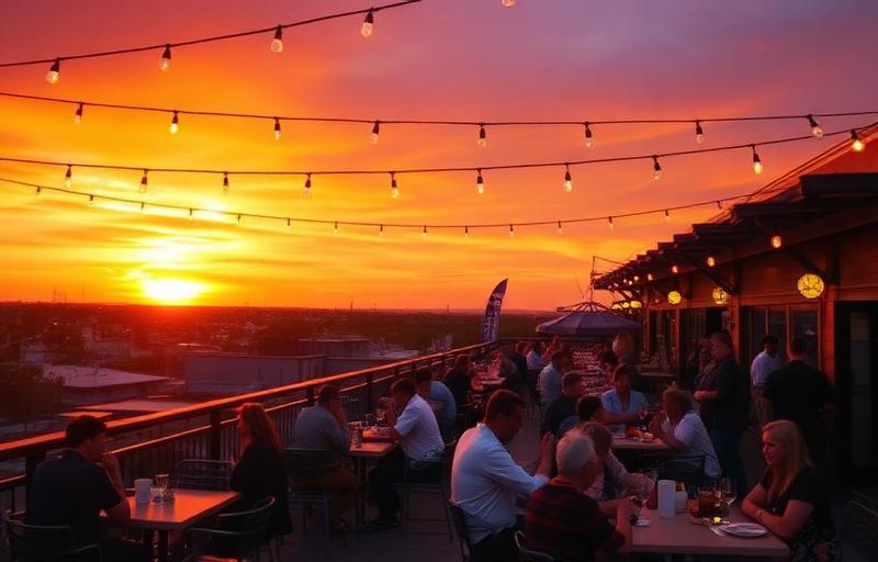 Rooftop patio at sunset with string lights