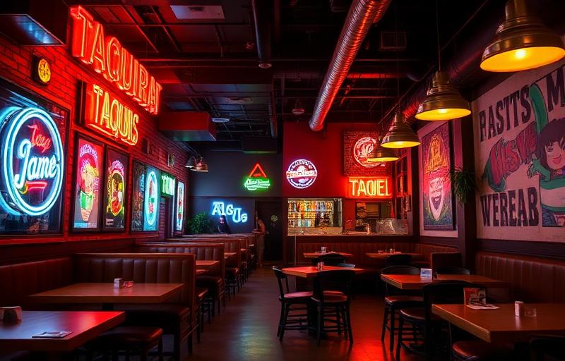Interior of a casual taqueria with neon signs