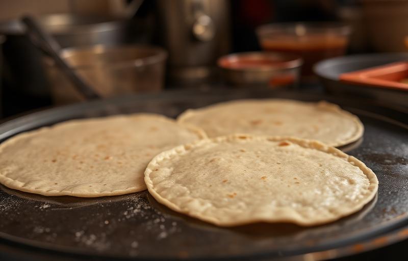 Hand-made corn tortillas on a hot griddle